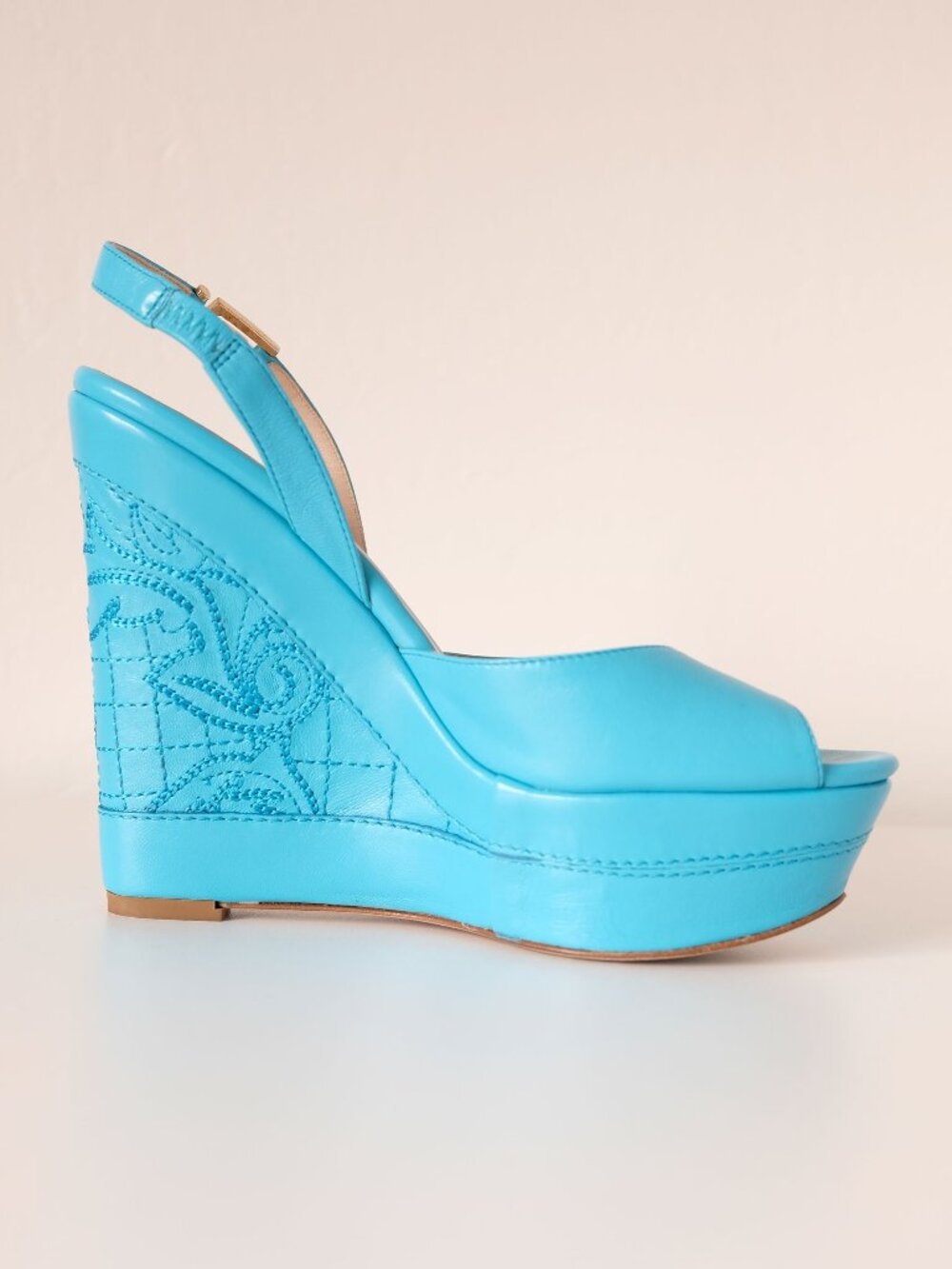 Versace Leather Slingback Peep Toe Wedges, Turquoise, Size 8, Great condition